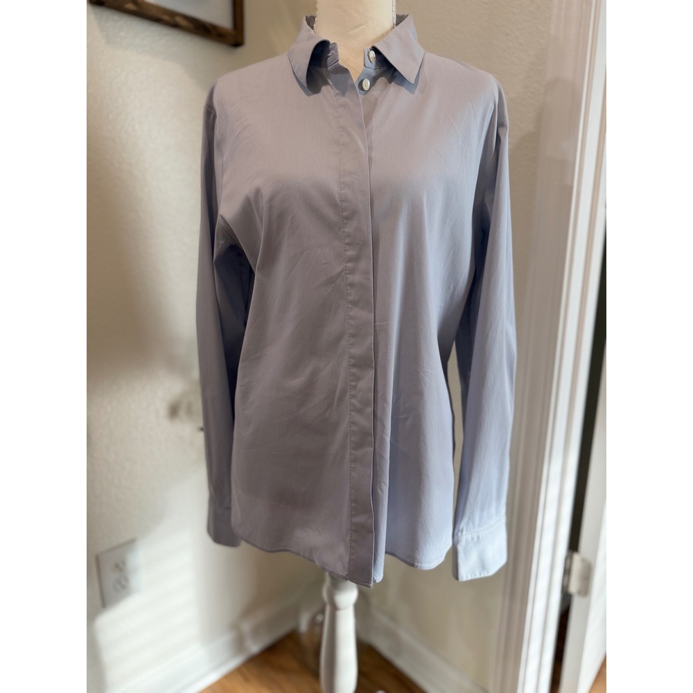 Theory O-Precise Fitted Hidden Placket Stretch Cotton Shirt Light Blue Gray L